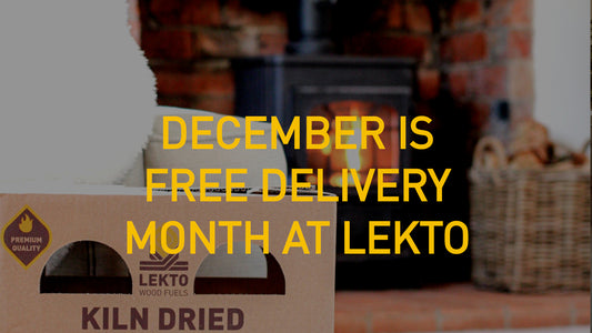 'December is Free Delivery Month At Lekto' Written over an image of a box of Kiln Dried Firewood 