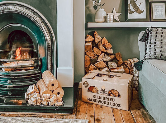 Lekto Kiln Dried Firewood and Heat Logs in front of a fireplace