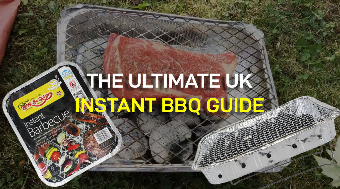 Photo of an instant disposable BBQ tray with the words The Ultimate UK Instant BBQ Guide on top.