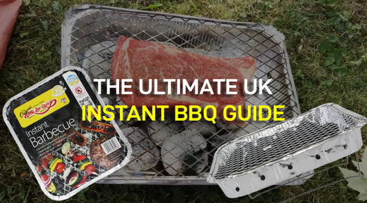 Photo of an instant disposable BBQ tray with the words The Ultimate UK Instant BBQ Guide on top.