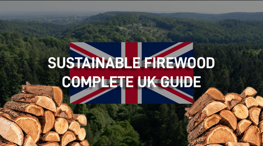 Complete UK guide to sustainable firewood featuring split timber logs and a Union Jack overlay against a green forest background
