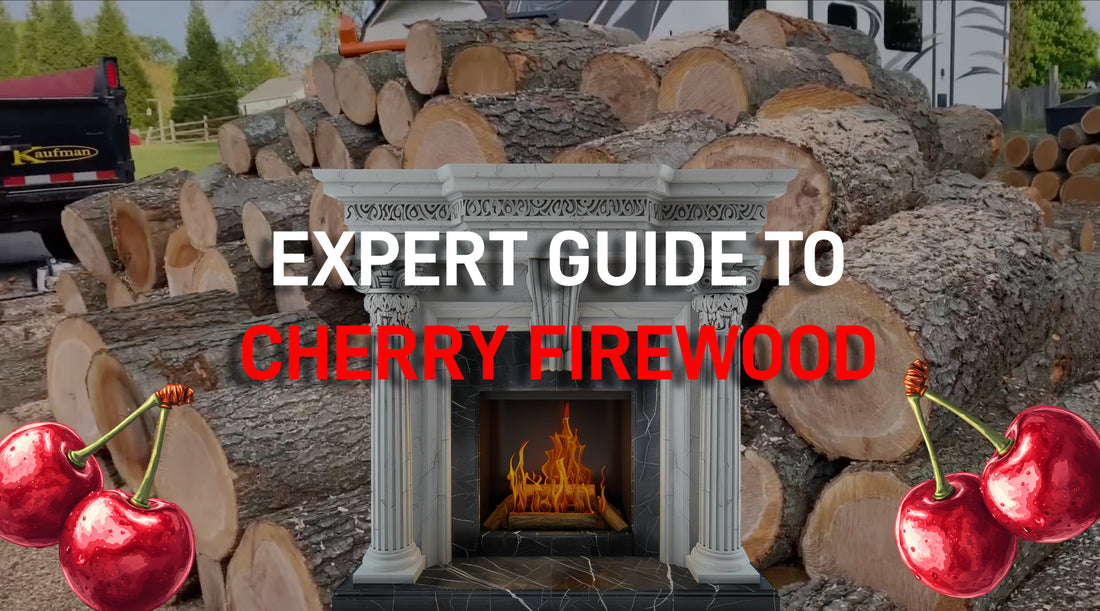 Stacked cherry logs behind a lit fireplace, with illustrated cherries and the text “Expert Guide to Cherry Firewood”