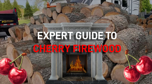 Stacked cherry logs behind a lit fireplace, with illustrated cherries and the text “Expert Guide to Cherry Firewood”