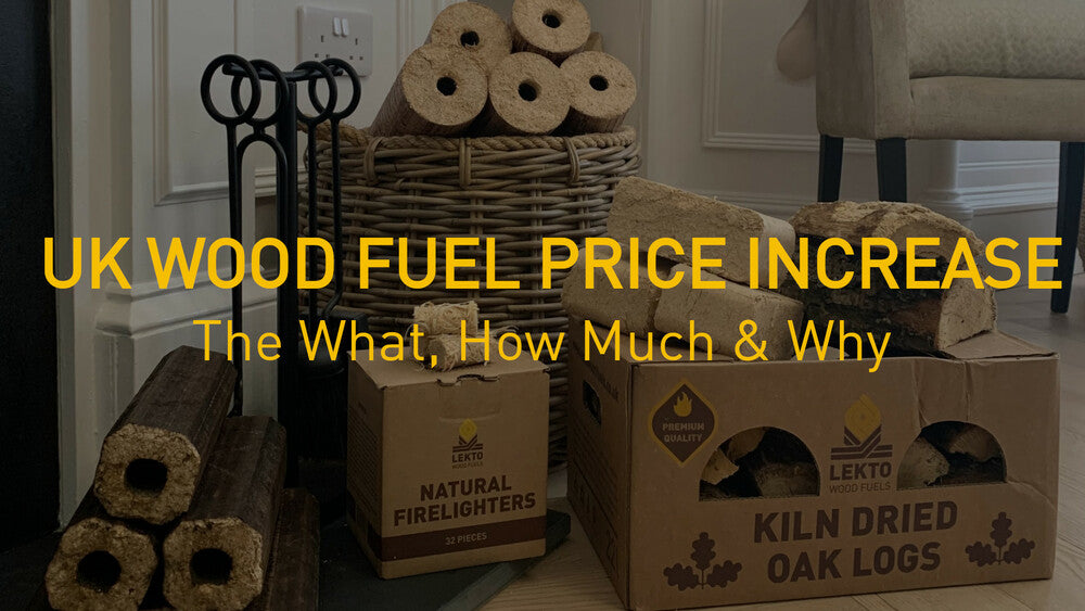 "UK Wood Fuel Price Increase: Learn The What, How Much & Why?" Written over an image of Lekto Wood Fuel products 