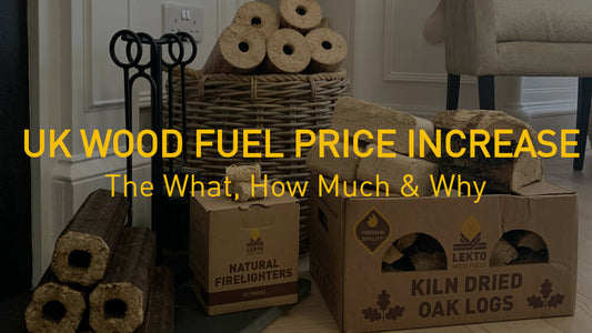 "UK Wood Fuel Price Increase: Learn The What, How Much & Why?" Written over an image of Lekto Wood Fuel products 