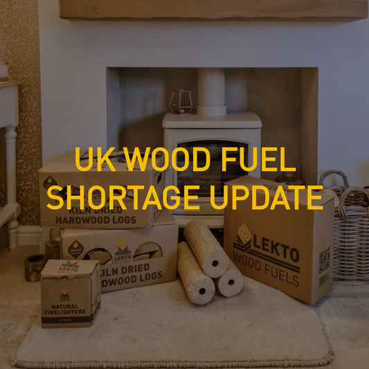 UK Wood Fuel Stock Shortage Update written over an image of a fireplace surrounded by wood fuel products  