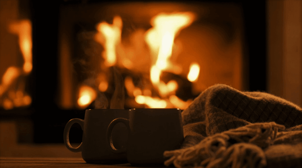 close up of two mugs and a blanket in front of a roaring cosy fireplace